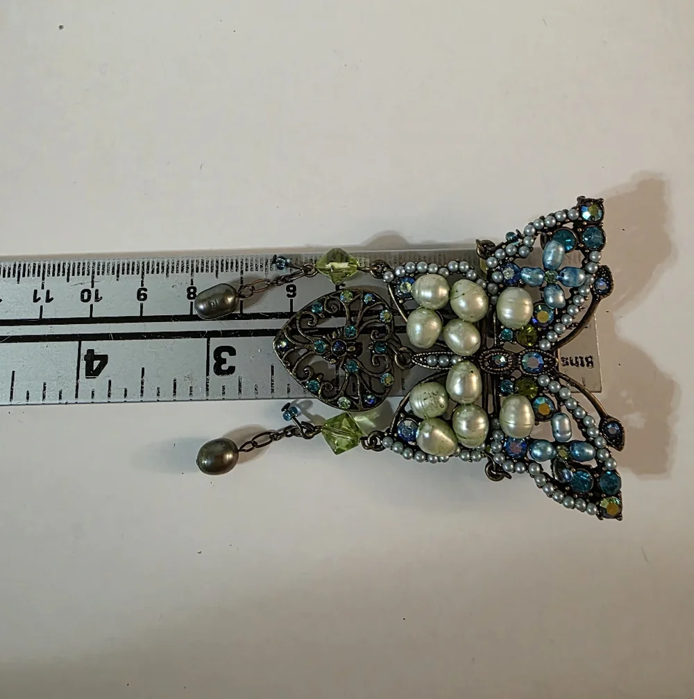 Vtg Butterfly Freshwater Pearl Crystal Brooch - Picture 5 of 6
